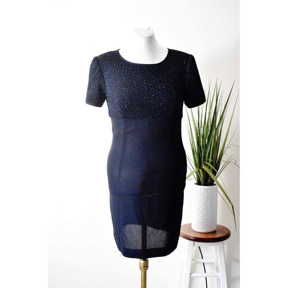 Warren Petites Cocktail Dress Womens 12P Navy 90s Sequin Bodice Sheath